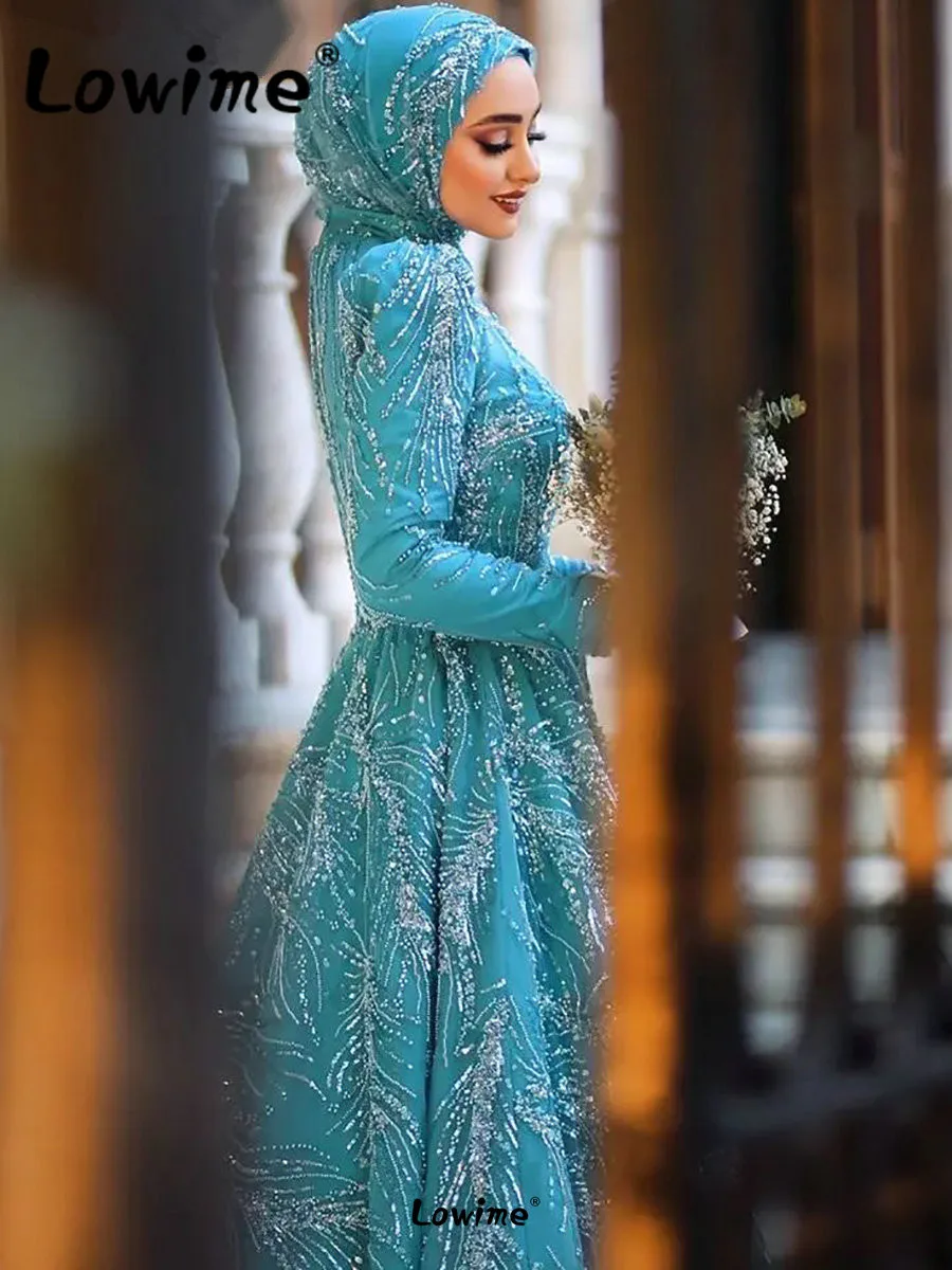 Muslim Blue Long Sleeves Evening Dresses 2023 Sequins Beaded Formal Dubai Arabic Middle East Women Party Dress Prom Gowns Custom