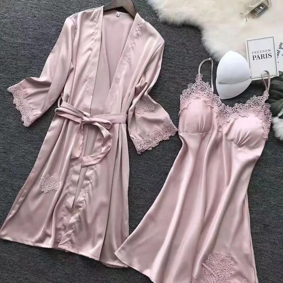 Spring and autumn two sexy women's pajamas set women's silk sexy slip dress long sleeved nightdress women summer