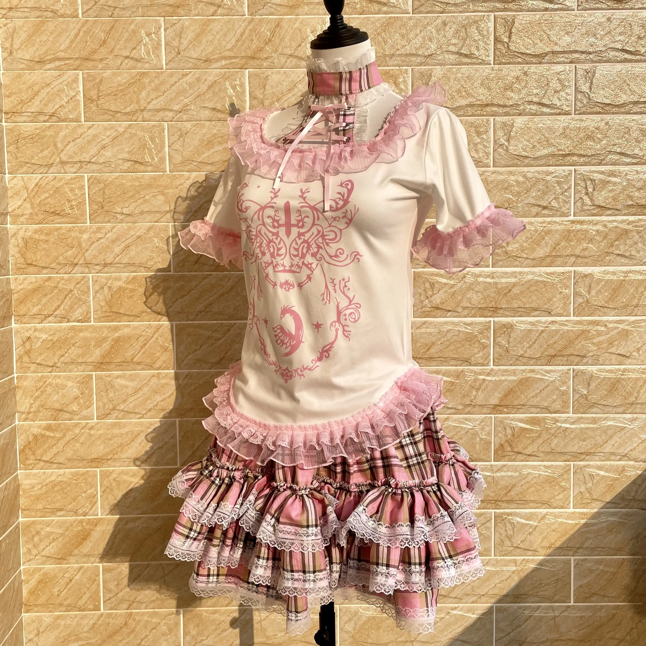 Original Subcultural Dark Gothic Elegant Lace Pink Lace Short Sleeve T-shirt Sweet Girls Y2k Printing Halterneck Pullover Tops