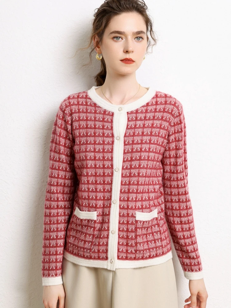 Новые шикарные женские свитера из чистого кашемира, осенне-зимний теплый клетчатый кардиган с v-образным вырезом, 100% кашемировый трикотаж, топы в винтажном стиле