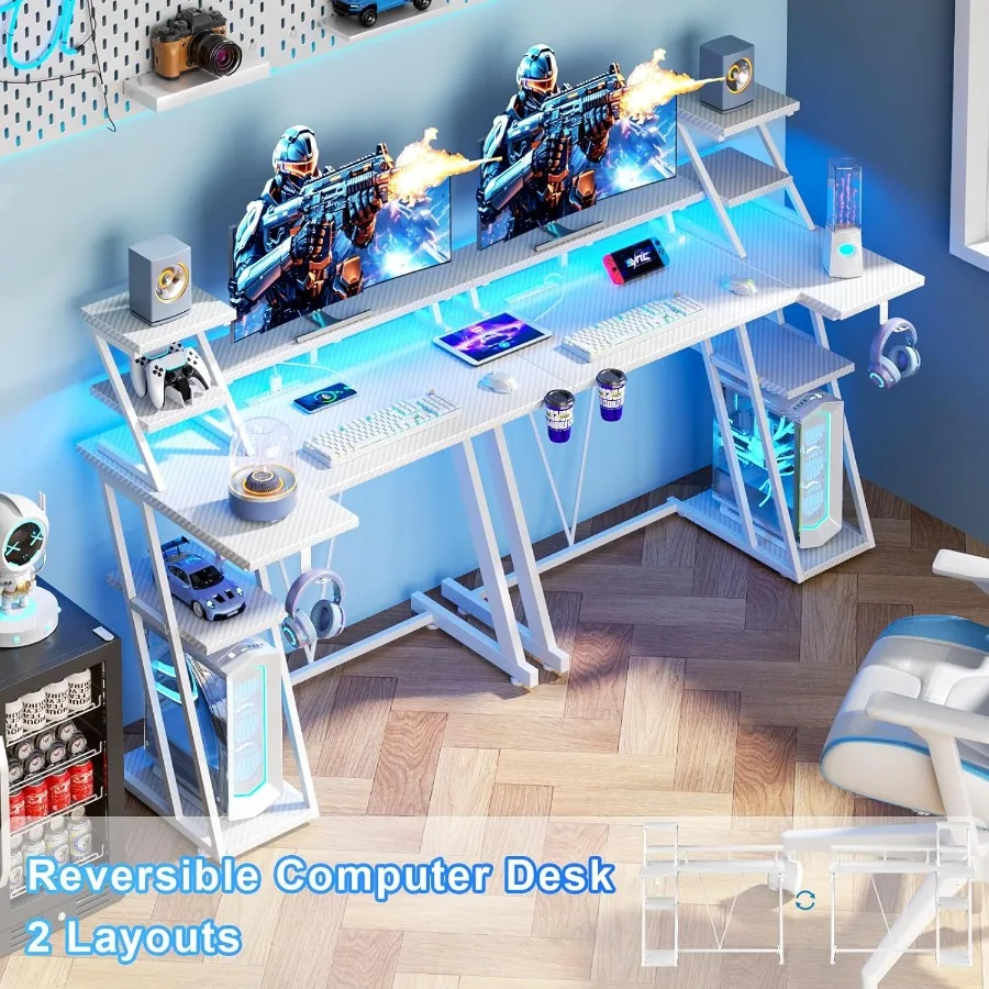 مكتب ألعاب أبيض مقاس 39 بوصة مع أضواء LED ومخرج طاقة مدمج ومكتب كمبيوتر على شكل حرف L مع أرفف تخزين وشاشة #3