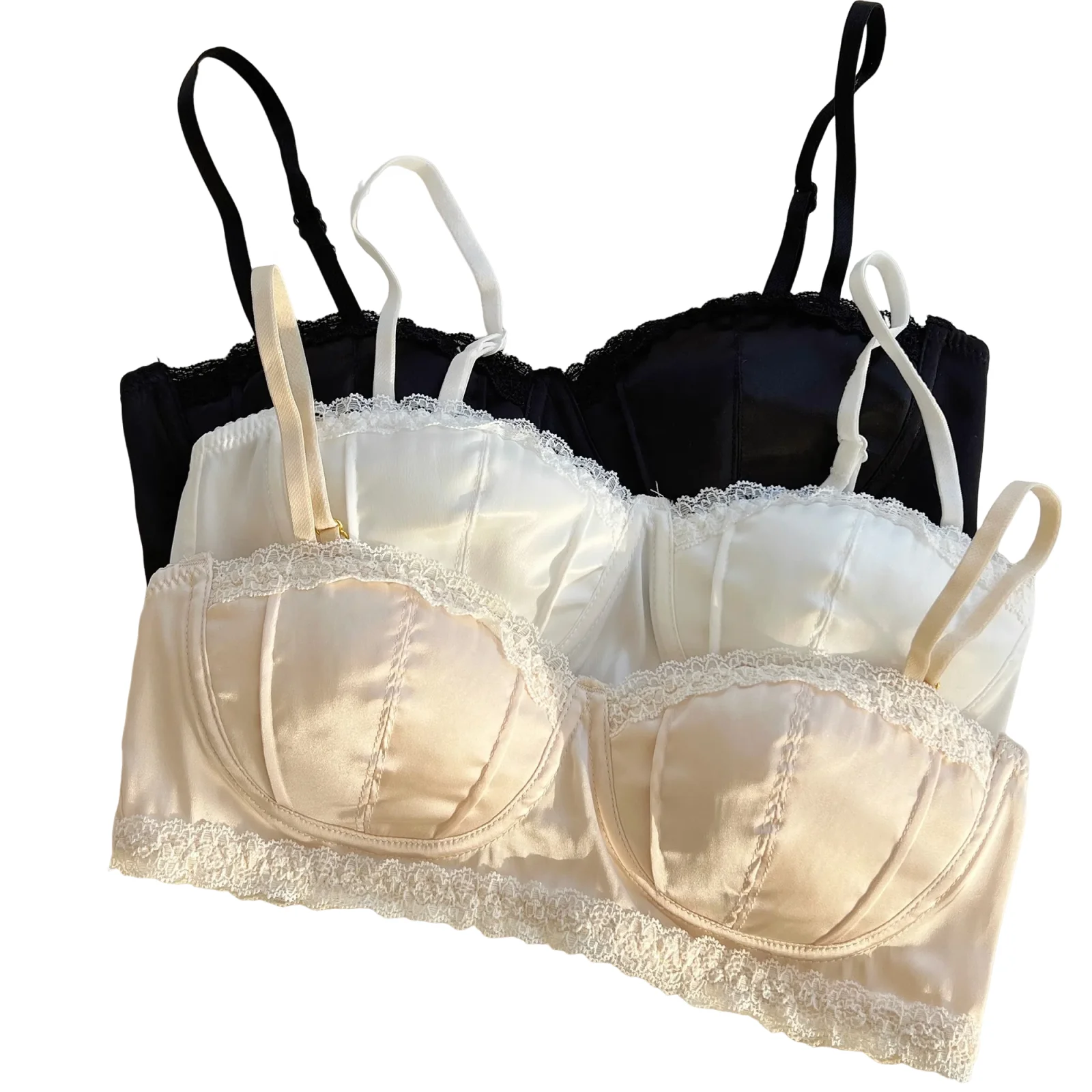 

KUCLUT French Satin Seashell Cup Lace Rimmed Lingerie Women's Underwire Thin Half Cup Sexy Girl Bra