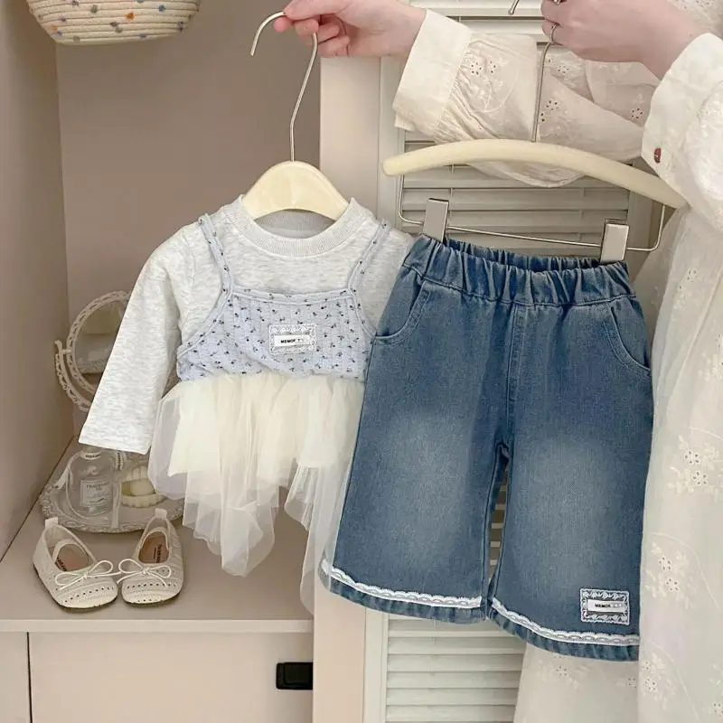 2026 Autumn New Baby Long Sleeve T Shirts Cotton Girls Mesh Splicing Floral Bottoming Shirts Infant Toddler Fake Two Piece Tops