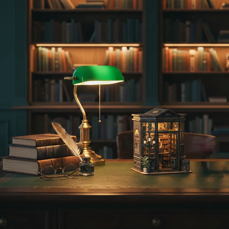 DIY Wooden Dome Book Nook Kit with LED & Furniture - Miniature Library Model, Creative Birthday Gift
