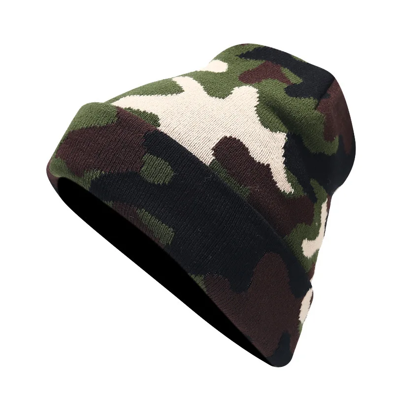 Beanie Caps Hot Sale Winter Men Warm Knit Hat Casual Camouflage Jacquard Rolled Hip Hop no Cap Ftrucker hatsree Shipping