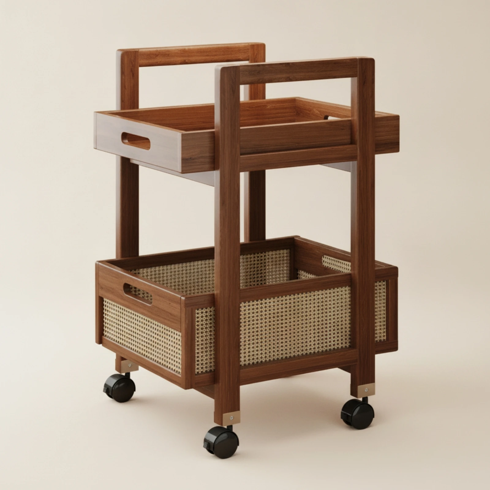 Rolling Cart with Rattan Basket Compact Side Table with Wheels End Table with Wheels Multi-Functional Two-Tier Utility Cart