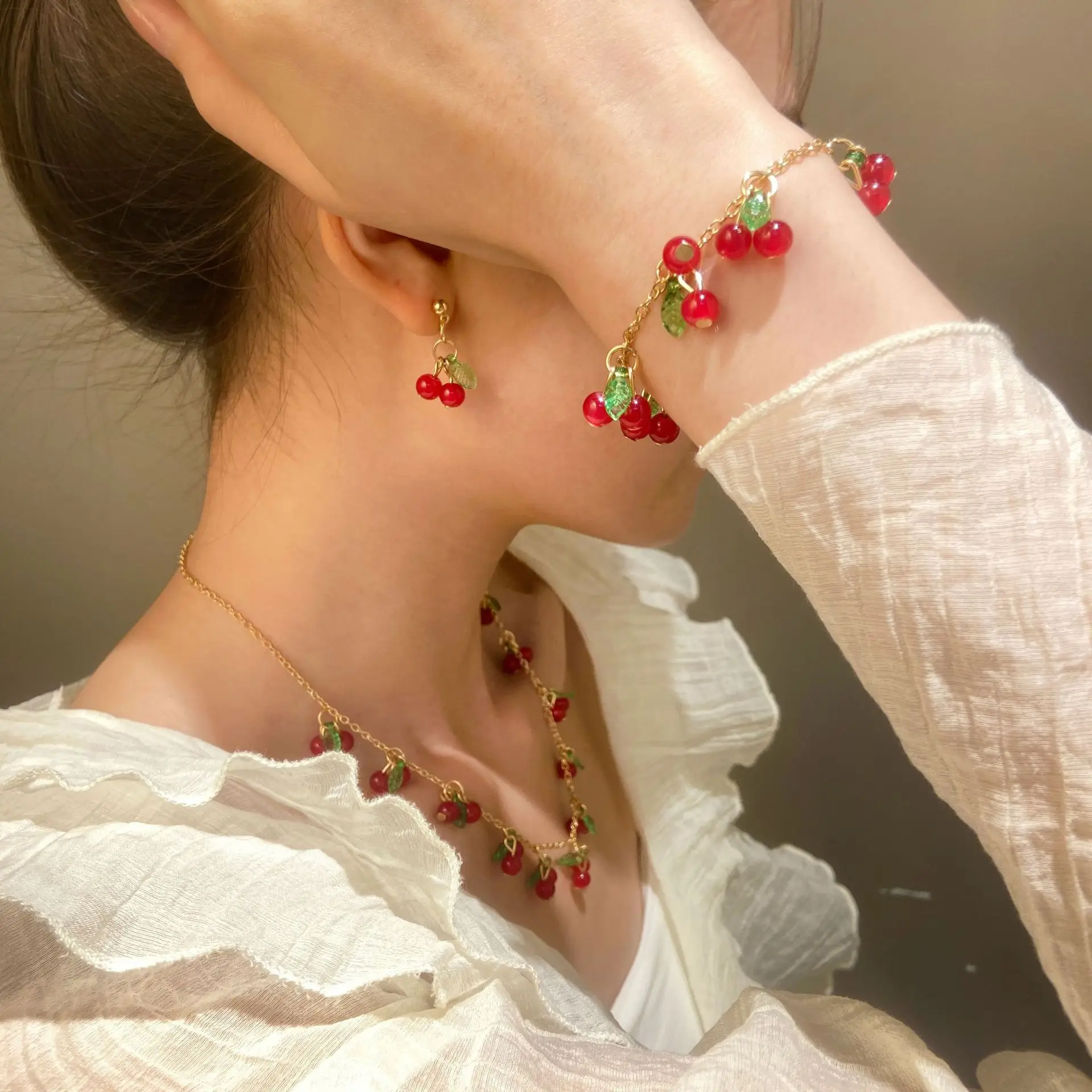 3 Piece Cherry Strawberry Leaf Jewelry Sets For Women Sweet Forest Style Fresh Earrings Necklace Bracelet 2024 Trending New Gift