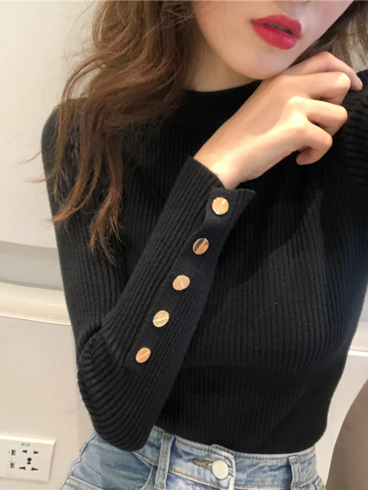 

Black Half-High Collar Long Sleeve Women's Slim Fit Base Shirt Autumn Winter Fashionable Knitted Sweater Korean Style Top