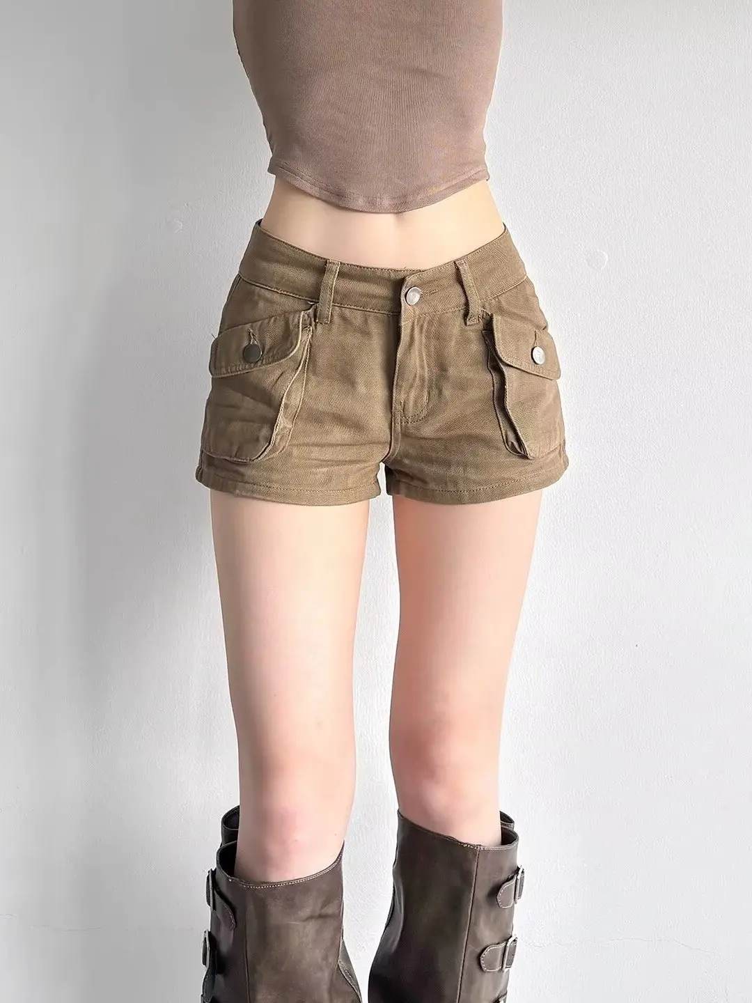 

American Sle Spicy Girl Khaki Denim orts Women Summer Retro Versatile Slimming Workwear Casual Butt Covering Hot Pants