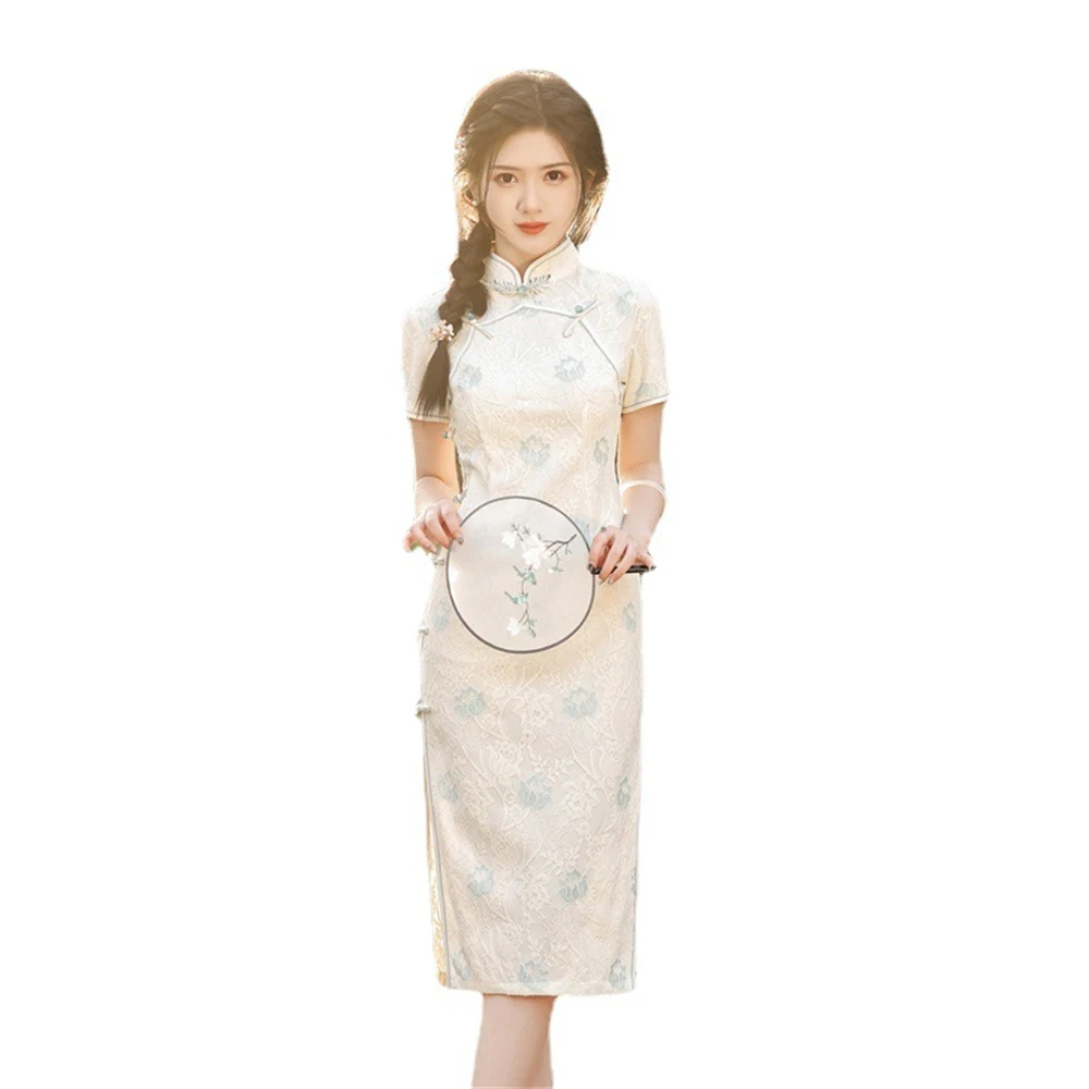 Ladies Summer Short-sleeved Composite Lace Qipao Daily Dress Chinese Classic Retro Elegant Temperament Improved Cheongsam New