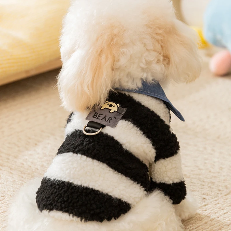 Fashion Striped Dog Jacket Coat Denim Collar Dog Clothes Winter Cute Puppy Overcoat Warm Plush Cat Jacket Pet Outfits Dog Shirt