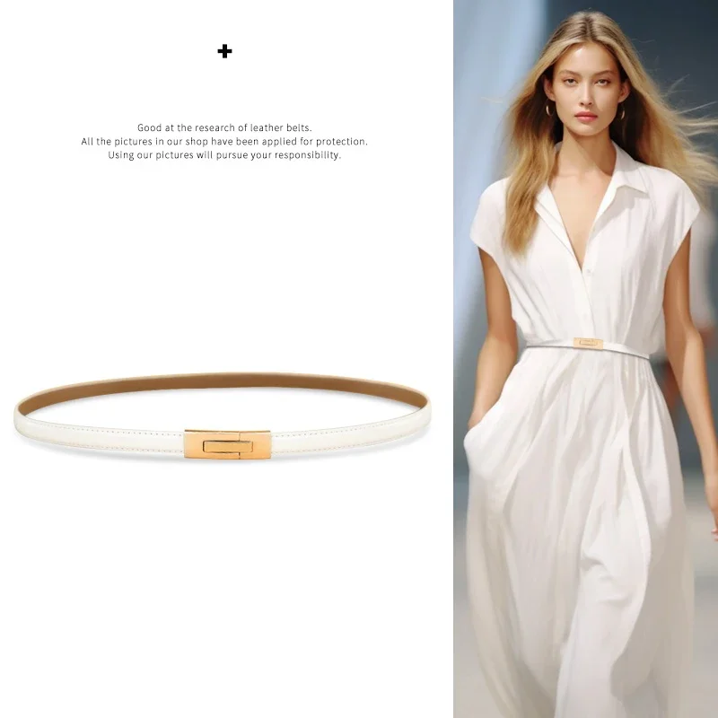 Women Skinny Leather Belt Solid Color Vintage Metal Interlock Buckle Adjustable Thin Waist Belt For Dress Jeans Coat