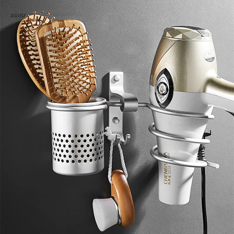 

Gold Hair Dryer Holder Space Aluminium Bathroom Wall Shelf Hair Dryer Rack with Basket bathroom shelves Bathroom Accessories