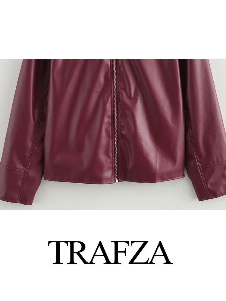 TRAFZA Women Lapel Zipper Long Sleeve Pockets Design Red Wine Coats Fashion Woman Autumn Casual Loose Jacket Coats Streetwear