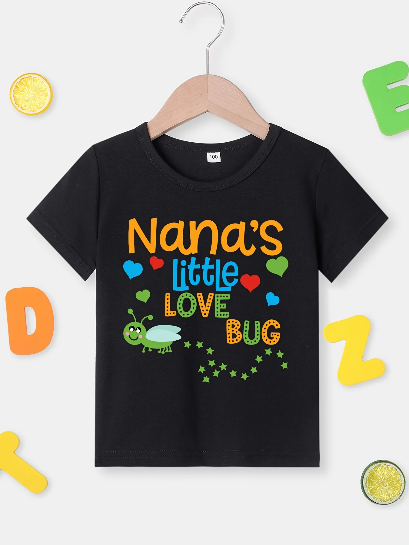 Nana's Little Love Bug Letter Printed Children's Cute T-shirt Casual Top Personalized and Fashionable Parent-child Outfit