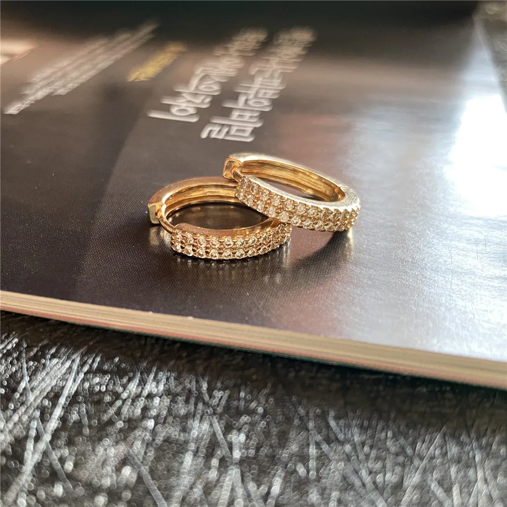 Classic Gold Color Plating Clear Two Line Zircon Paving Brass Hoop Earrings For Women Girl Shiny Lovely Romantic Fashion Jewelry