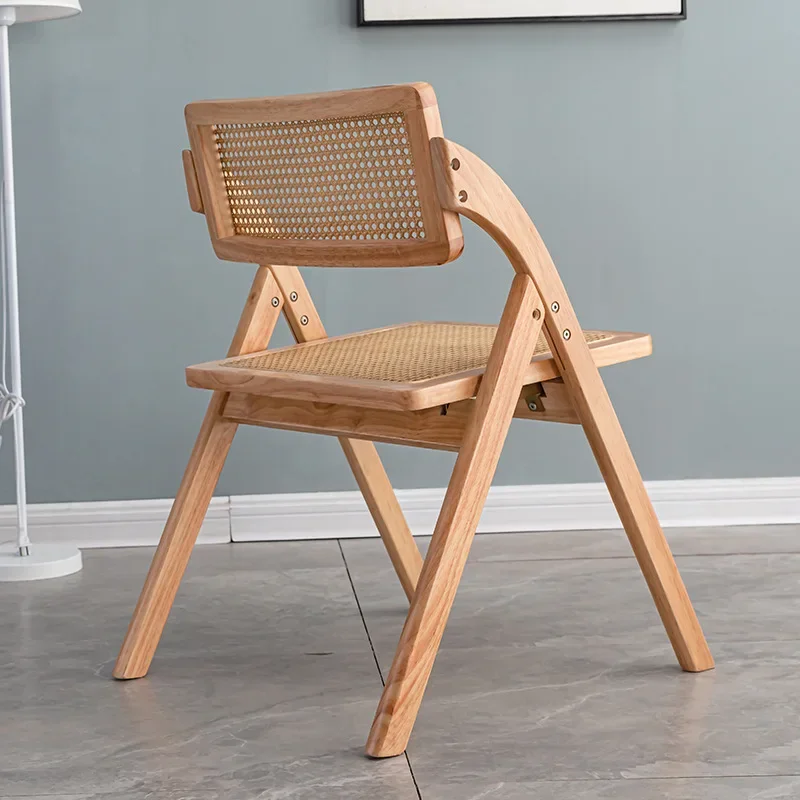 Nordic Solid Wood Rattan Armchair Ins Style Rattan Folding Chair Portable Leisure Folding Rattan Chair