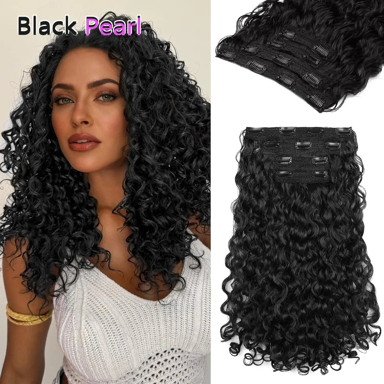 

Black Pearl Water Wave Clip In Hair Extensions 7pcs Brazilian Human Hair Pre-Curved Soft Natural Ocean Wave Look Easy Clip-in