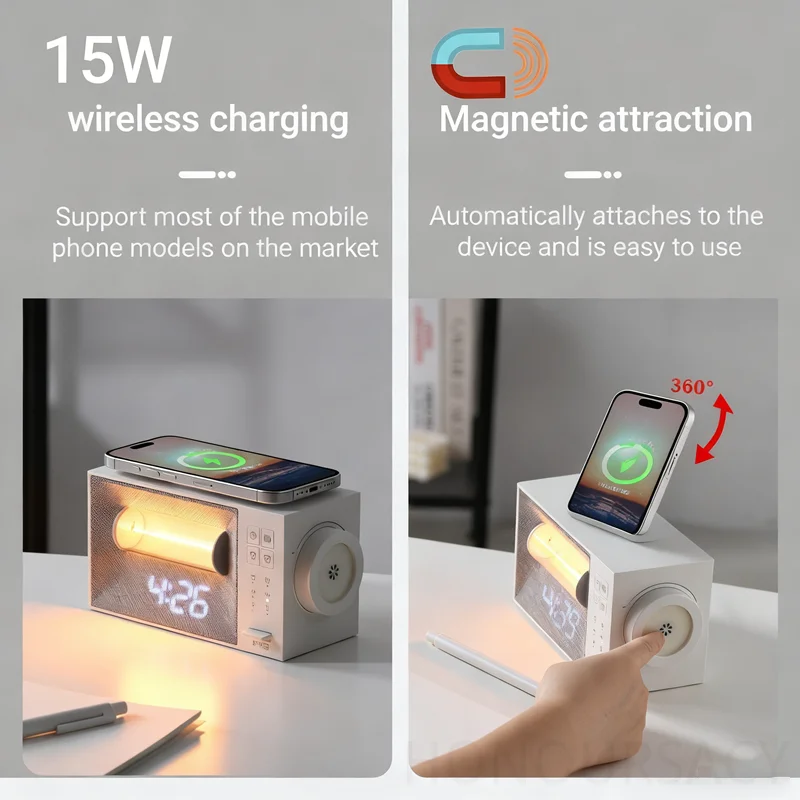 15W Magnetic Wireless Charger Ambient Lighting Wake Up Light Smart 3-Level Night Light White Noise Digital Display Clock Alarms