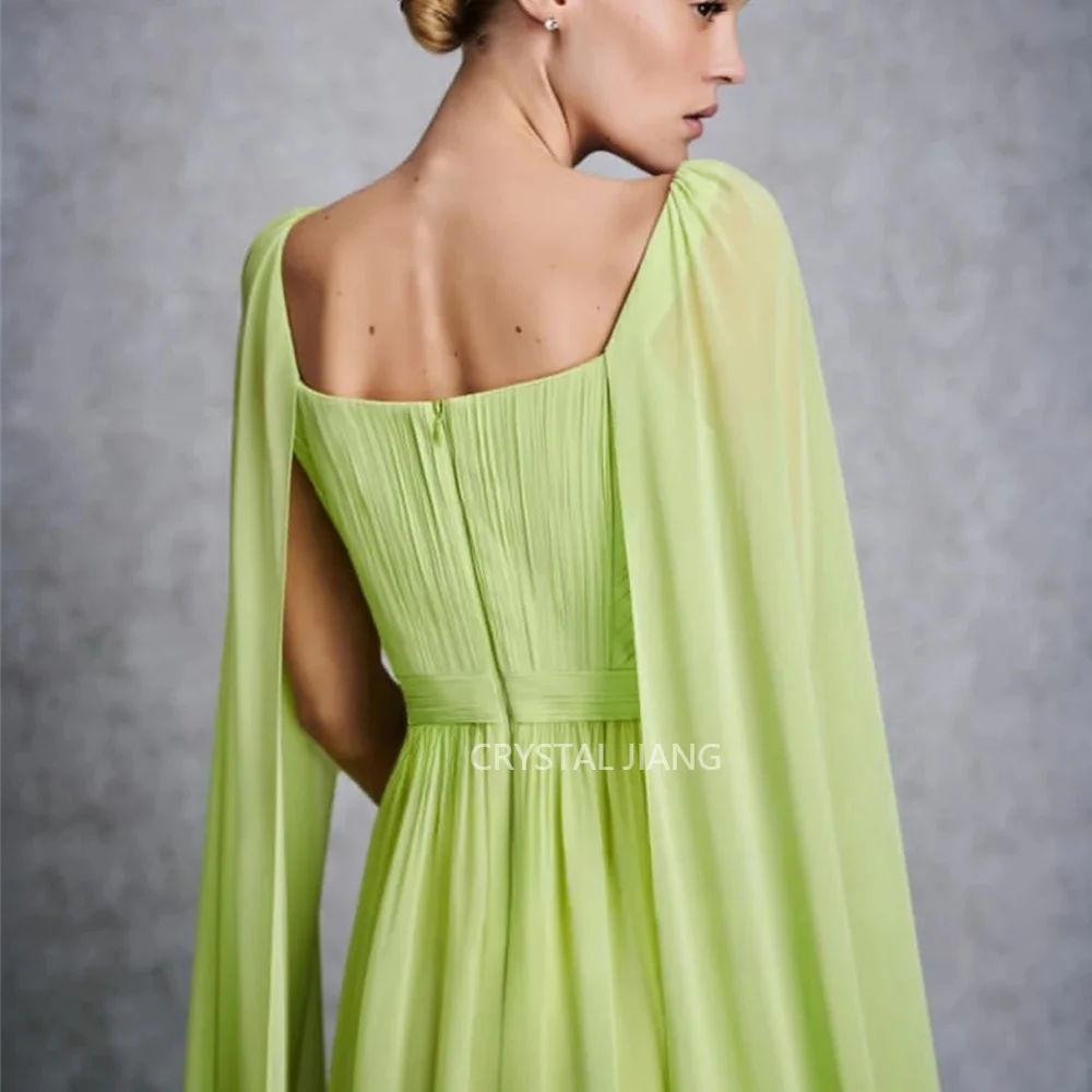 Elegant Long Green Square Collar Chiffon Evening Dresses Full Sleeves A line Floor Length Formal Occasion Dresses