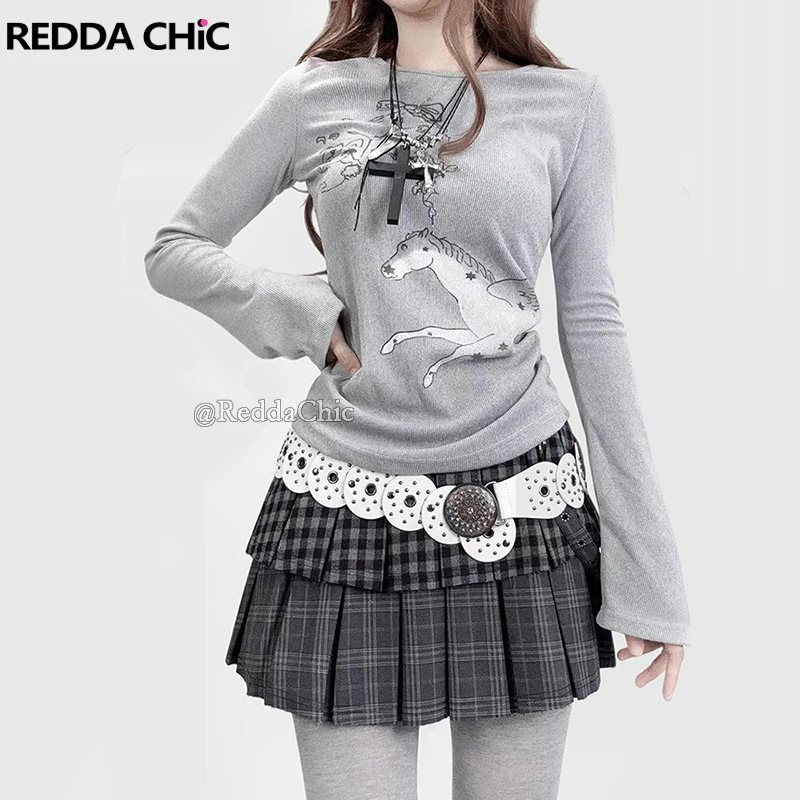

REDDACHiC Velvet-feel Rib Knit Women Top Cartoon Print Aesthetic Crew Neck Long Sleeves T-shirt Grunge Y2k Alternative Clothing