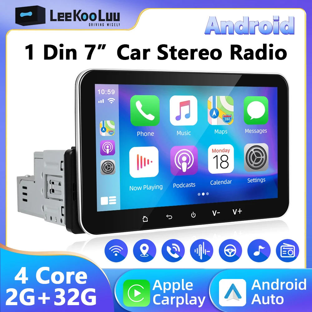 LeeKooLuu Android 13.0 Car Radio 1 Din 7'' IPS Touch Screen 1Din 2+32G Wireless Carplay Android Auto Multimedia Player WiFi GPS