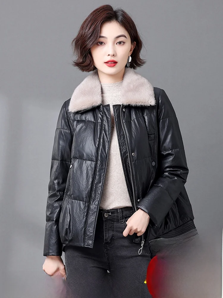

Real Leather ort down Jaet Women's Thiened Winter Coat Fur Collar Slim Fit Commute Sle Zipper Closure eepskin