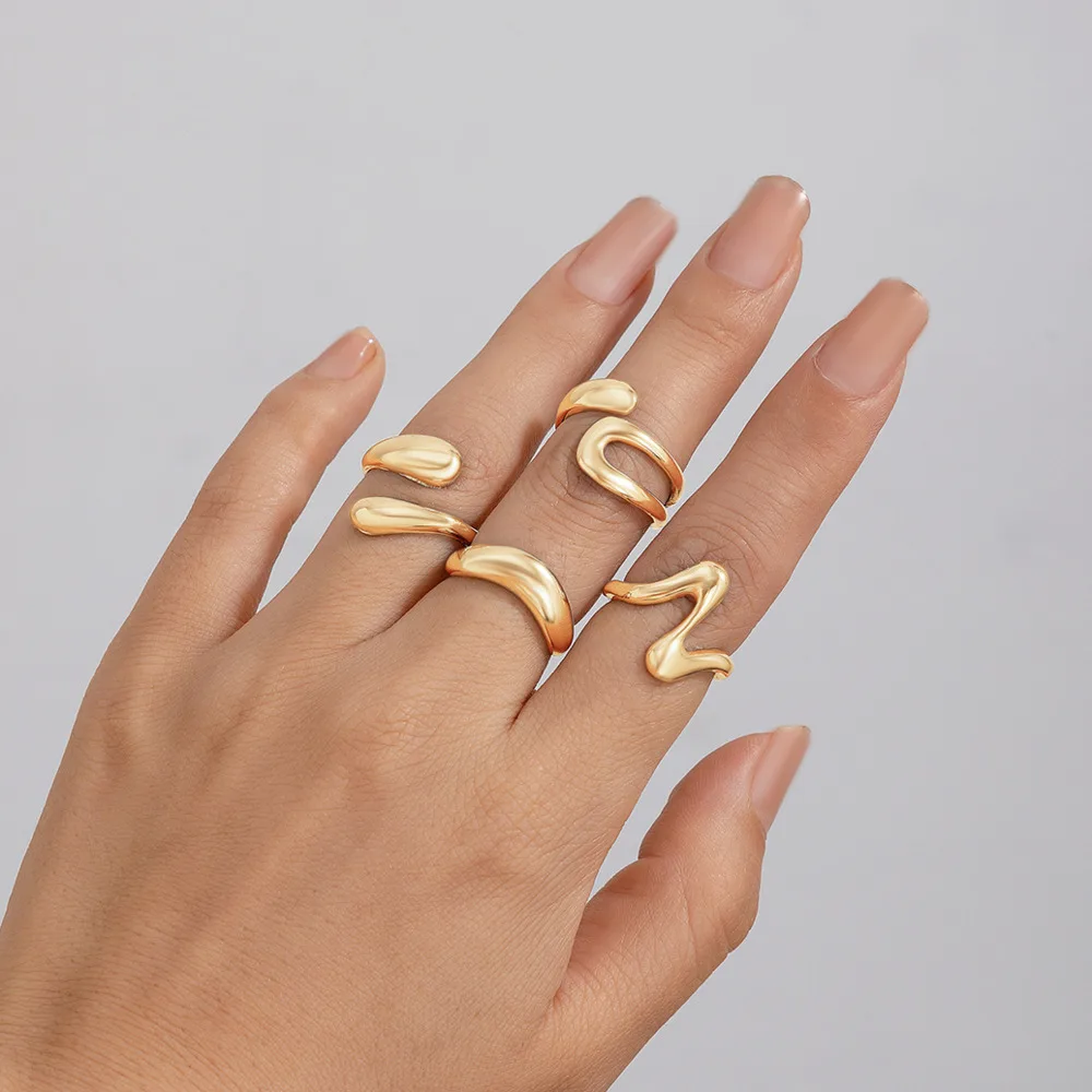 IngeSight.Z 4Pcs/Set Gold Color Open Rings for Women Trend Irregular Curved Metal Ring Lady Punk Party Jewelry Accessories