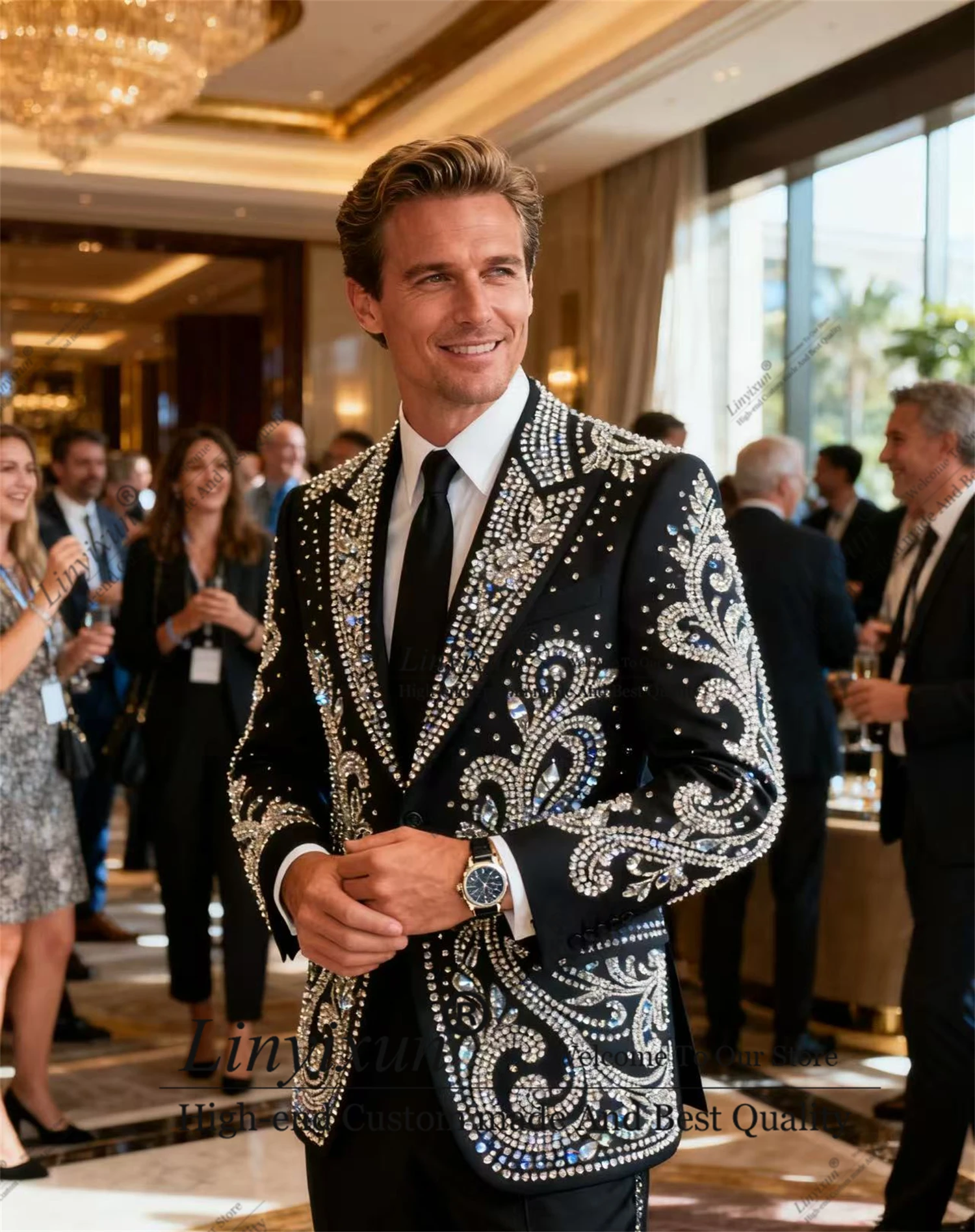 

Высококачественные смокинги с драгоценными камнями и кристаллами из бисера, мужской костюм, тонкий мужской пиджак для выпускного вечера, комплекты из 2 предметов, свадебный костюм жениха, Homme по индивидуальному заказу