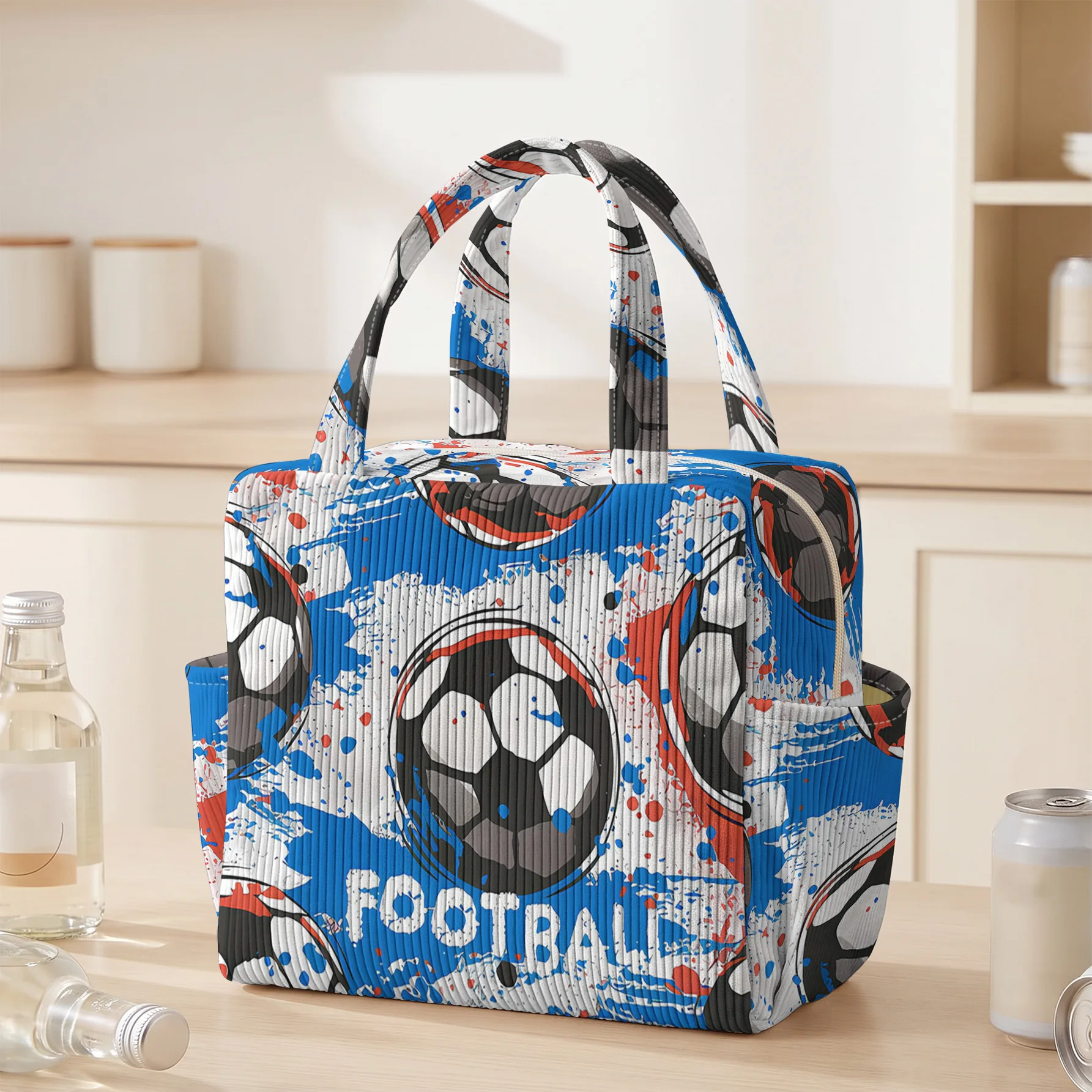 Corduroy Football Graffiti Print Insulated Lunch Bag Handheld Thermal Bento Bag with Side Pocket for Work Outdoor