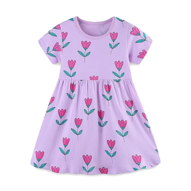 2024 Popular Dress Girl's Flower Print Princess Dress Girl's Round Neck Knitted Cotton Children's Dress