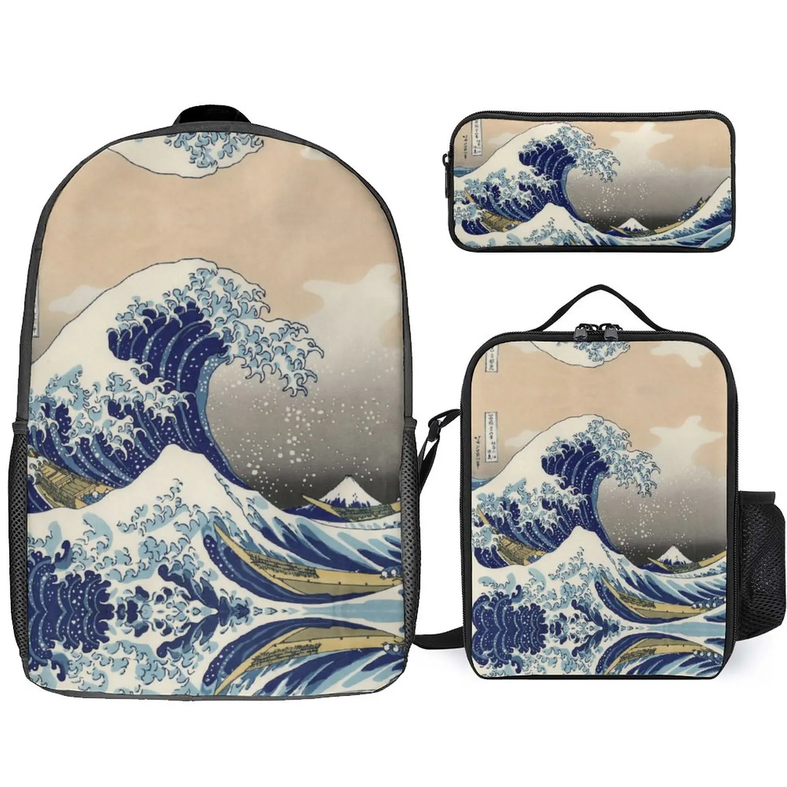 Estilo japonês onda ukiyo-e conjunto de bolsa escolar com lancheira caso lápis para meninos meninas adolescentes mochila diária leve saco de viagem