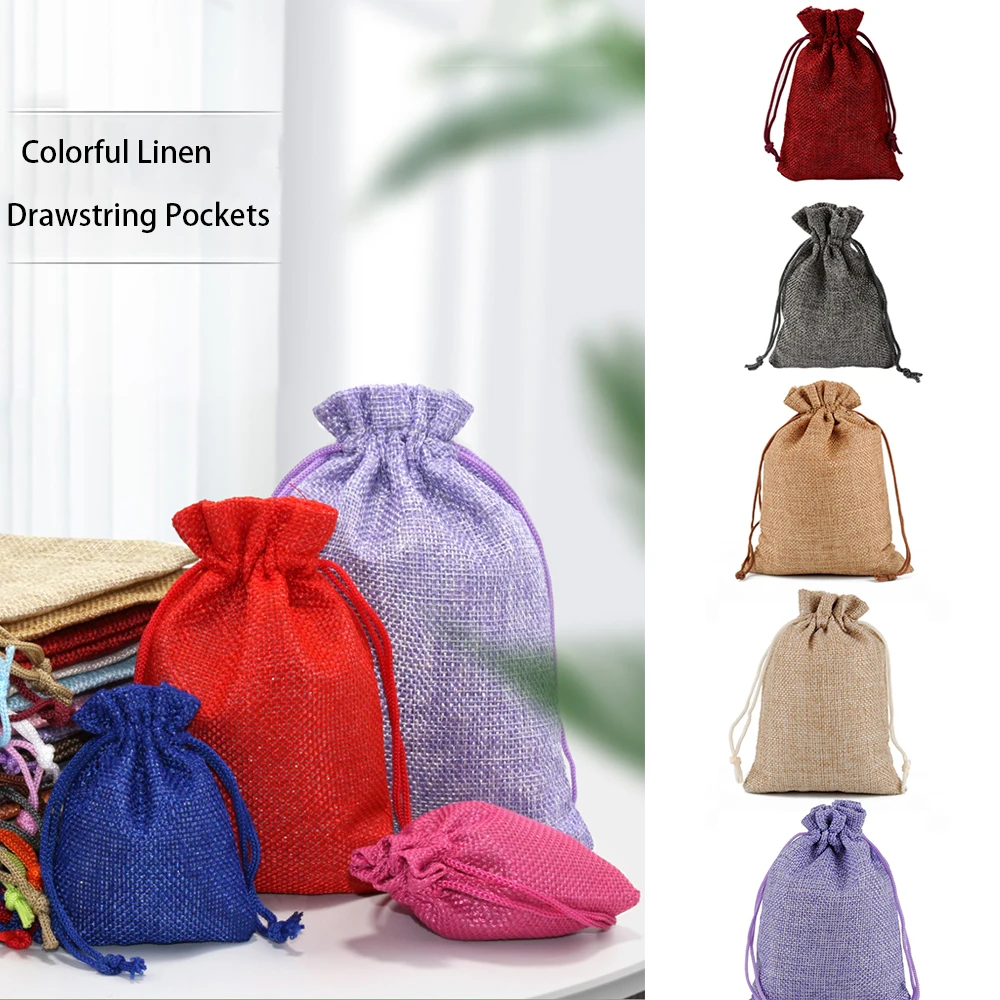 Linen Colorful Linen Drawstring Pockets Breathable and Dustproof with Drawstring Cloth Storage Bag Multiple Colour