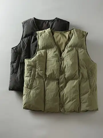 겨울 신상 일본 레트로 캐주얼 경량 따뜻한 남성용 브이넥 코튼 조끼 어깨 패드 재킷 트렌디 루즈핏 청년 인기