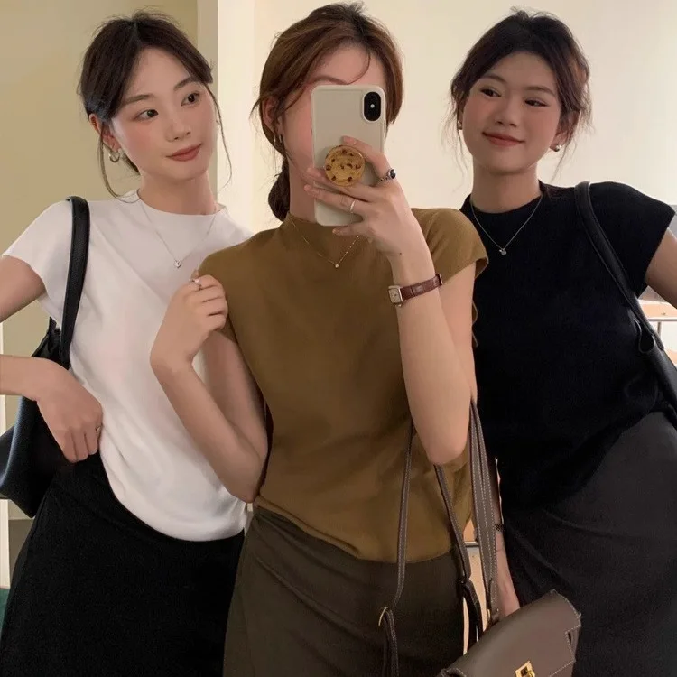 

FL 2025 New Women's Basic Turtleneck Solid Thin Summer Pullover Women Female Knitted Sweater Slim Short Sleeve Bodycon Sweater