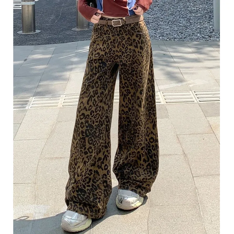 

Y2k Leopard Print Jeans For Women Autumn High Waist Wide Leg Long Pants Vintage High Street Trousers Korean Fashoin Streetwear