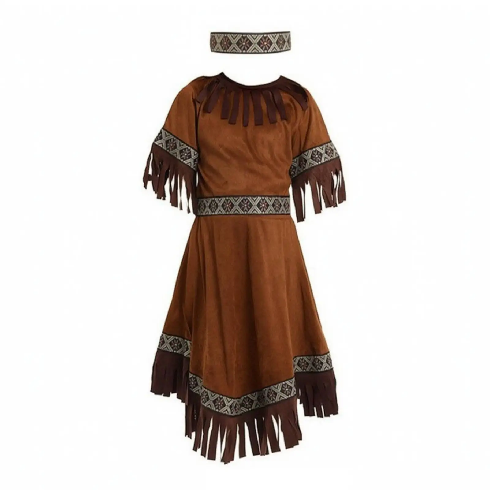 Fringe Dress for Kids Tribal Print Suede Costume with Headband for Role Play Party