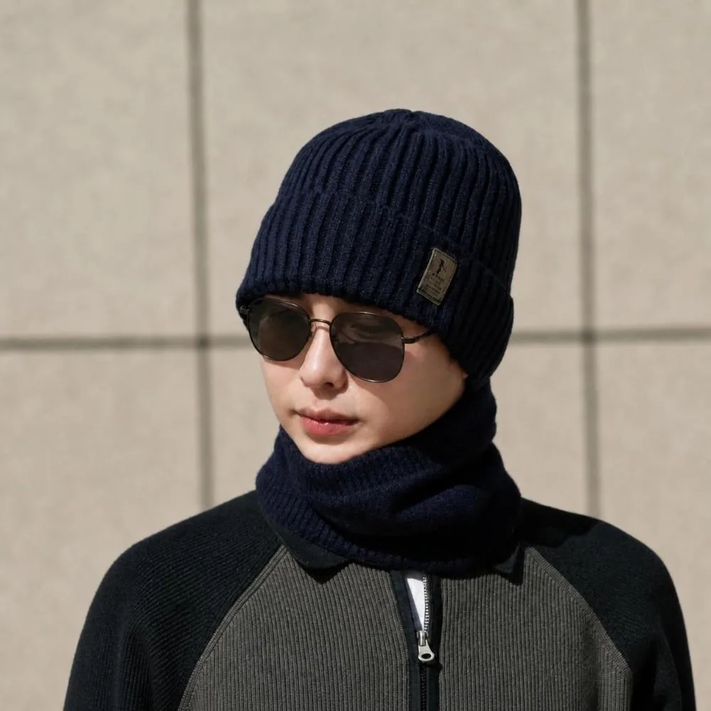 Solid Color Winter Beanie Hat Scarf Soft Windproof Knitted Cap Scarf Set Warm Thick Velvet Lining Woolen Winter Hat For Adults