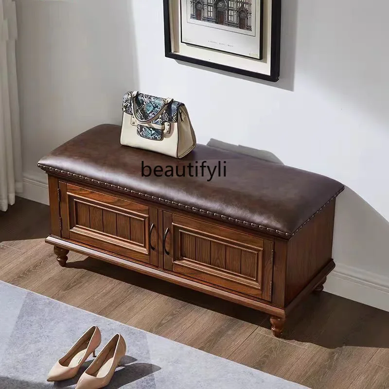 

RR American solid wood shoe change stool, door storage, shoe cabinet, soft bag seat cushion, couch stool