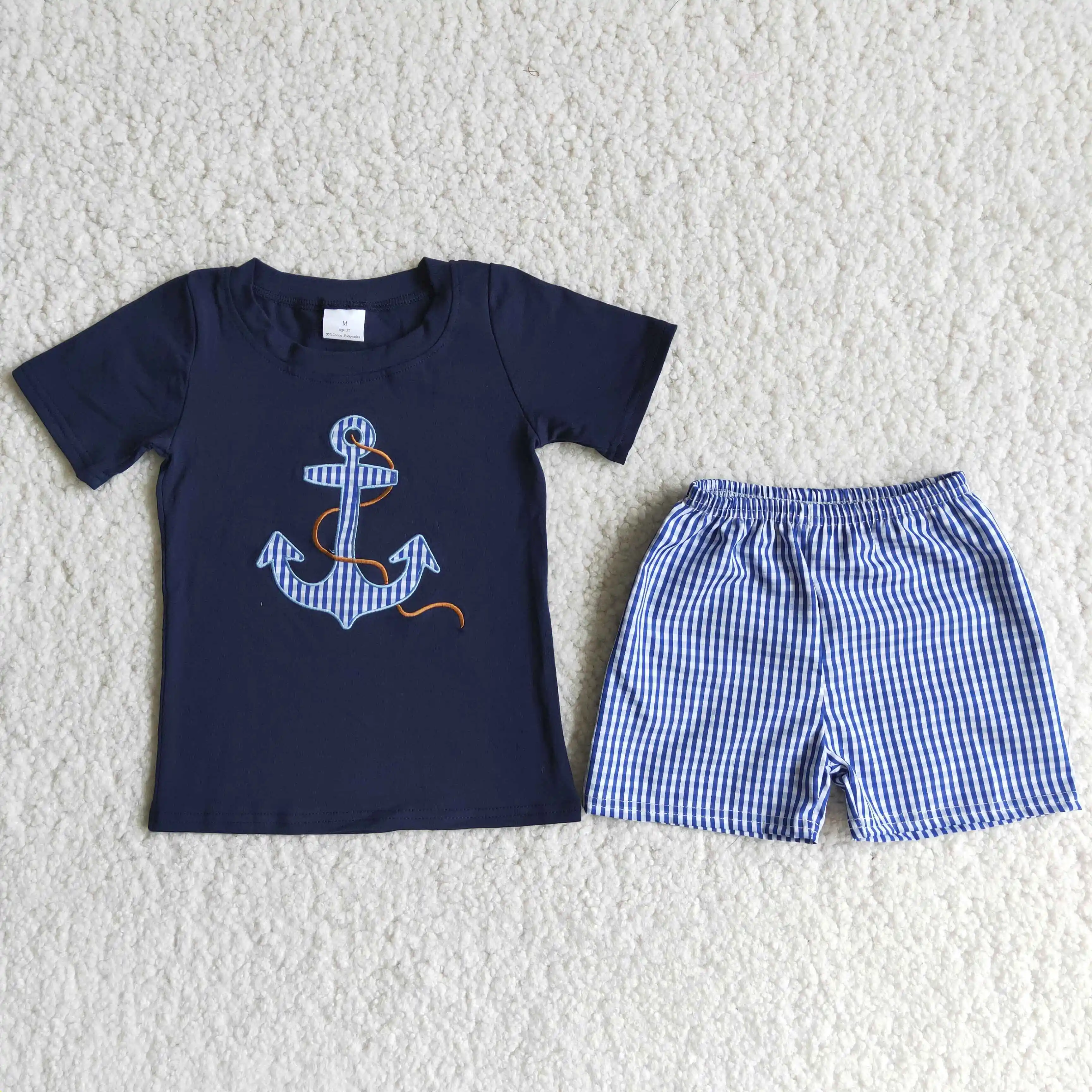 Wholesale Baby Boy Embroidery Clothing Short Sleeves Cotton T-shirt Plaid Shorts Children Kids Sets Outfit