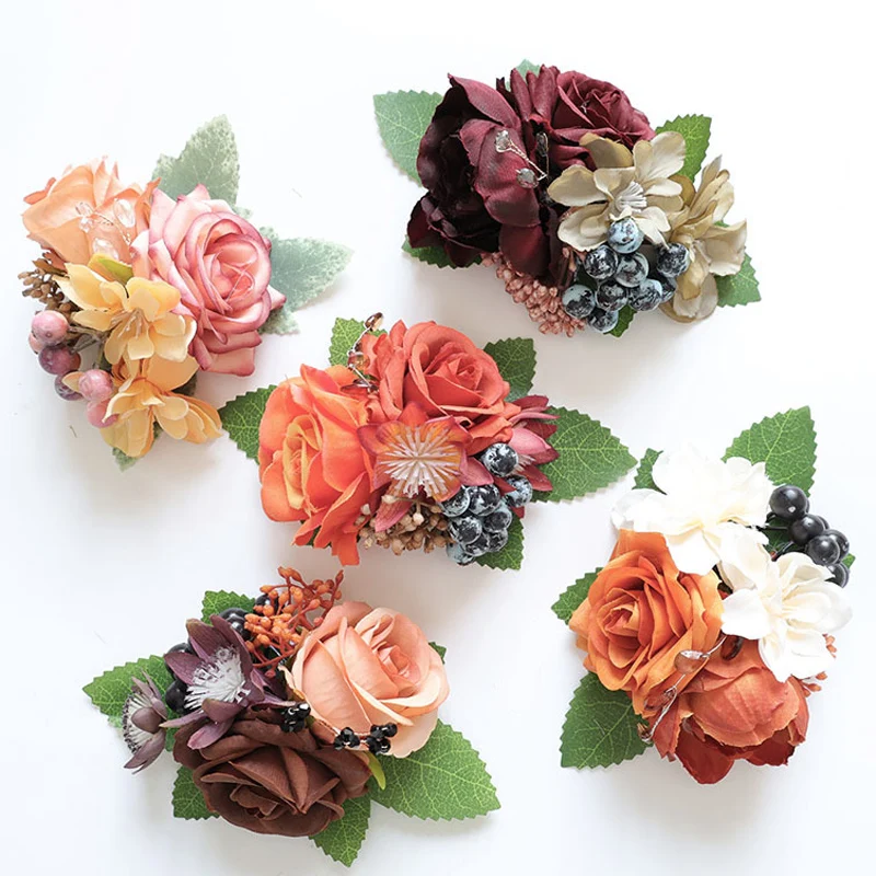 

25016 Boho Bridal Corsage Set of 2, Faux Rose Boutonnieres with Golden Foliage, Perfect for Rustic Wedding Embellishments