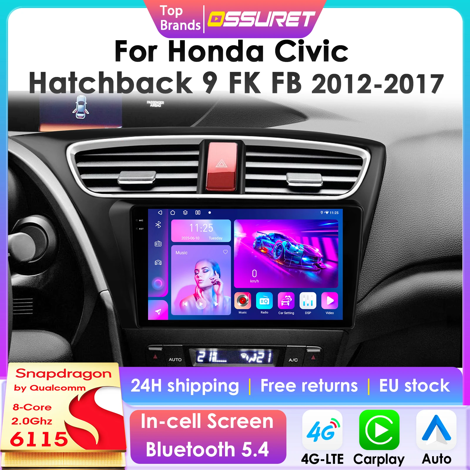 Autoradio Android 14 con Telecamera 360° 2Din per Honda Civic 9 FK FB 2012-2017, Lettore Multimediale per Auto con Schermo Intelligente e Carplay