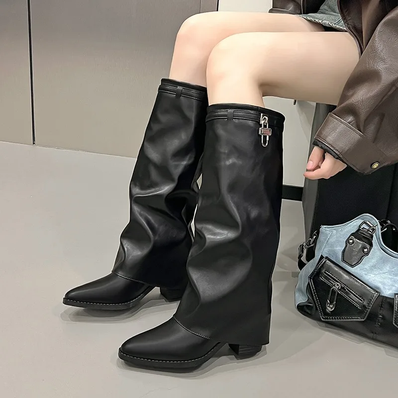 High Heel Knee High Boots Women's Punk Pointed Toe Thick Soled New Winter Fashion Women Straight Knight Long Boots Botas Mujer