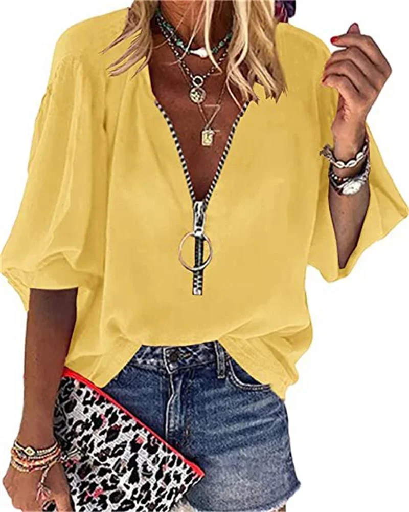 Spring Summer New Solid Color Lantern Sleeve Zipper V-Neck Blouses Women's Office Lady Casual Loose Shirt Women's Tops Blusas