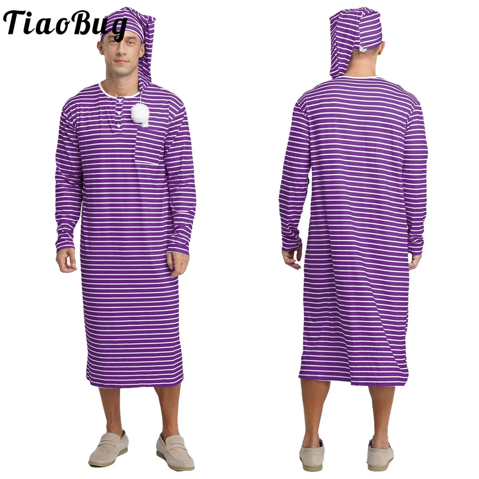 

Мужской полосатый халат для сна, платье и шляпа, свободная пижама с длинными рукавами, ночная рубашка, удобная одежда для отдыха, домашняя одежда для сна