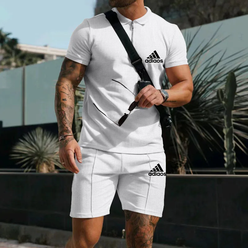 Summer Waffle Short-sleeved Zip-up POLO shirt+shorts Fashion Lapel Shirt Men\'s Casual T-shirt Shorts Trend Solid color tracksuit