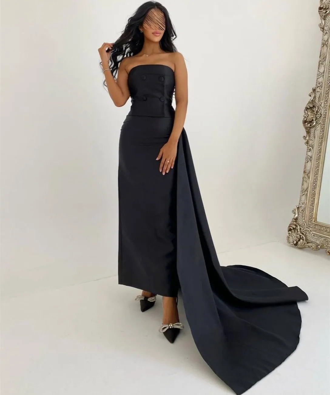 Classy Long Black Taffeta Evening Dresses with Side Train فساتين سهرة Sheath Strapless Ankle Length Prom Dress for Women