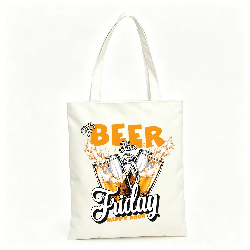 Women's canvas tote bag with beer glass and letter print, casual style for weekend outings