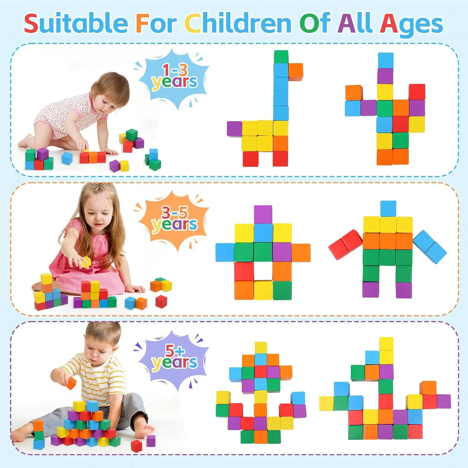 Wooden Building Blocks Square Stacking Blocks Montessori Toys for Toddlers, Colour Sorting Stacker Educational Cube 2cm