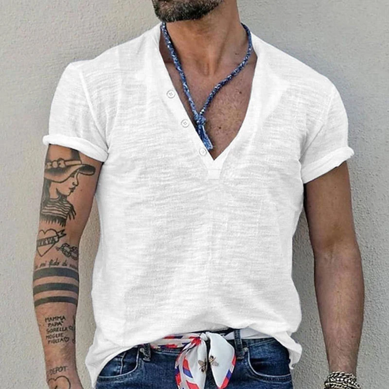 New Casual Breathable Henley T Shirts Men Summer Fashion Buttoned V Neck Pullover Tops Mens Vintage Solid Color Short Sleeve Top